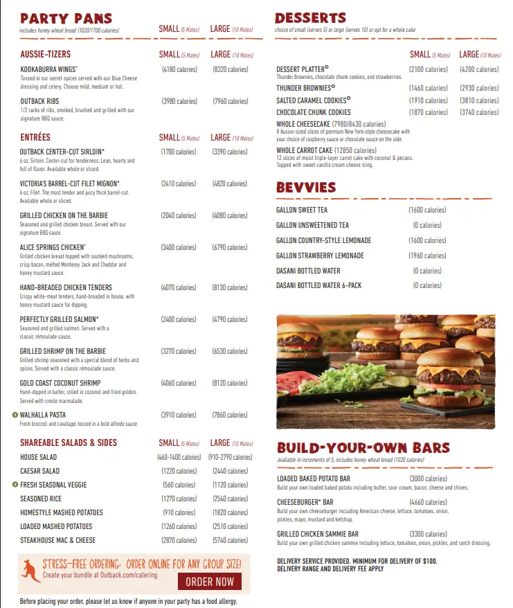 Outback catering menu party pans