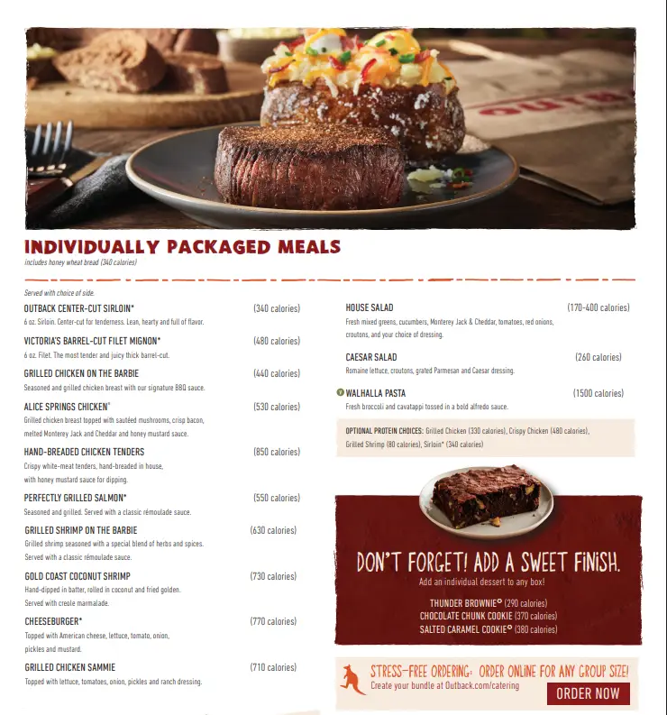outback catering menu individually packed meals
